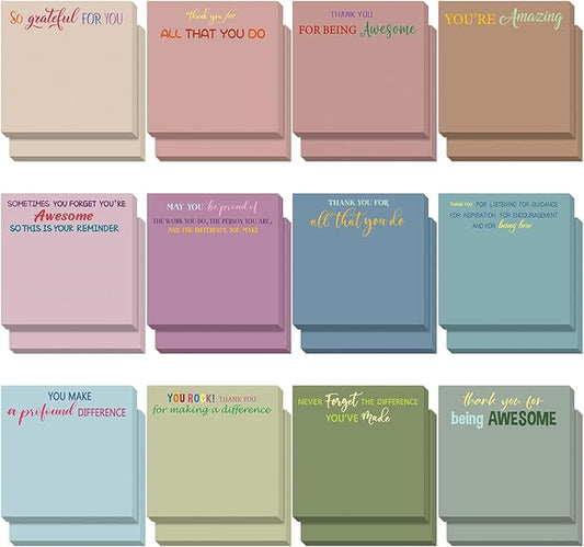 Yinder 12 Pcs Employee Appreciation Sticky Notes Xmas Gift Bulk Motivation Note Pads Mini Inspirational Note Gift for Teacher Nurse Staff Coworker Office Supply 3 x 3'' (Appreciation,Morandi)