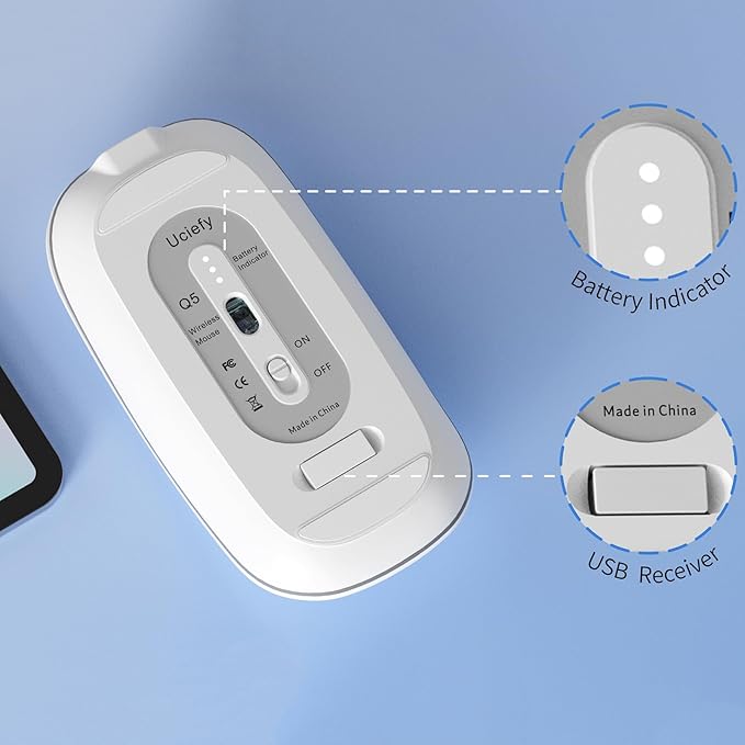 Uciefy Q5 Slim Rechargeable Wireless Mouse, 2.4G Portable Optical Silent Ultra Thin Wireless Computer Mouse with USB Receiver and Type C Adapter, Compatible with PC, Laptop, Notebook, Desktop White