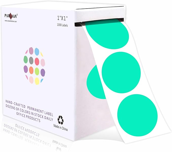 PARLAIM 1 Inch Round Permanent Adhesive Color-Code Dot Stickers,1000 per Roll dots Label Dispenser Box,Aqua Circle Stickers Label for Office Home