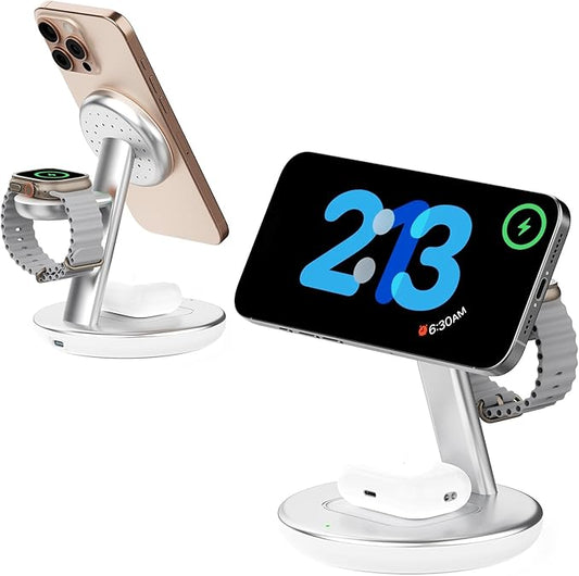 2025 Apple 5W Fast iWatch Charging,3 in 1 Charging Station for Apple Devices,Mag-Safe Charger Stand,Wireless Charger for iPhone 17/16/15/14/13/12 Series,& AirPods（Silvery）