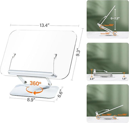 Acrylic Book Stand for Reading, Adjustable Book Holder with 360° Rotating Base & Elastic Page Clips, Foldable Desktop Riser Stand for Cookbook,Laptop,Tablet,Music Scores,Recipe,Textbook (Black)