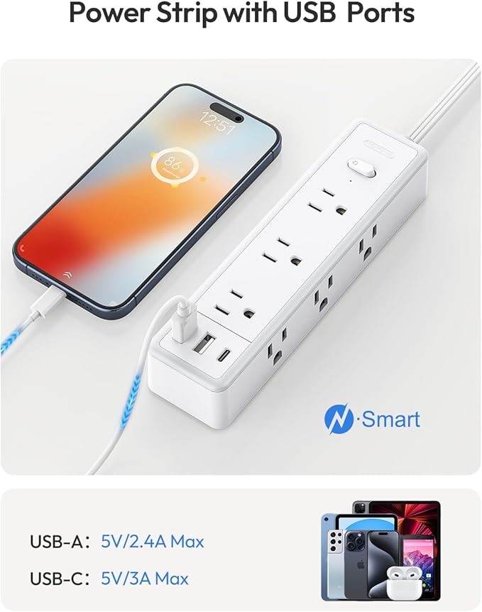 Surge Protector Power Strip, Flat Extension Cord with 9 Widely Outlets 3 USB Ports(1 USB-C), 1080 Joules, 5 FT, Multiple Outlets, Wall Mount, Flat Plug for Indoor Home Office, Dorm Essentials, White