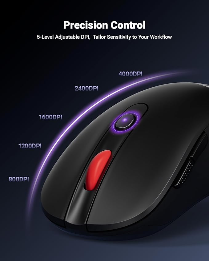 USB Wireless Mouse for Laptop PC Mac, 2.4GHz Cordless Mouse with 6 Buttons, 5-Level Adjustable 4000 DPI, Ergonomic Portable Optical Computer Mice, 24-Month Battery Life -Black