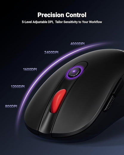 USB Wireless Mouse for Laptop PC Mac, 2.4GHz Cordless Mouse with 6 Buttons, 5-Level Adjustable 4000 DPI, Ergonomic Portable Optical Computer Mice, 24-Month Battery Life -Black