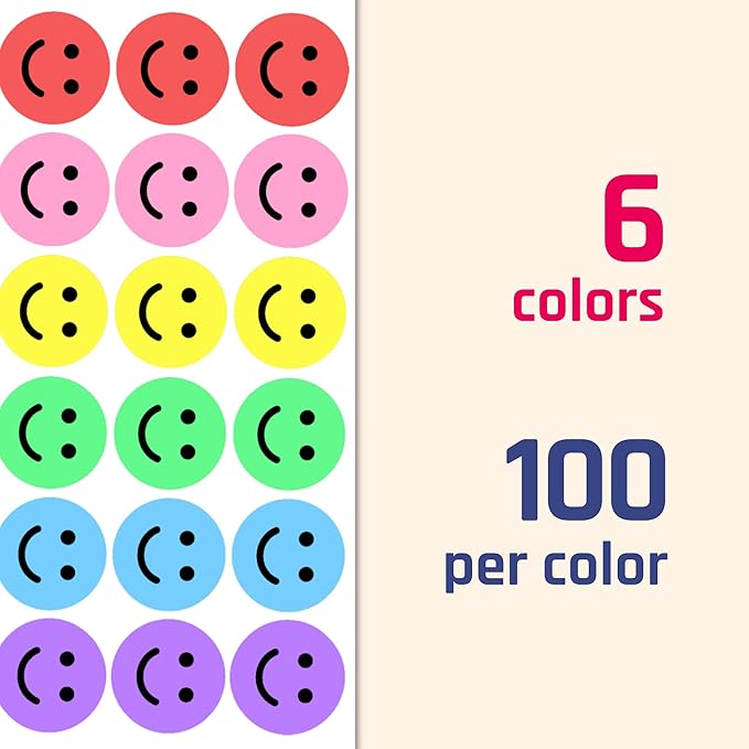 600 Pieces, 1 inch - Smiling Happy Smile Face Stickers for Reward - 6 Colors