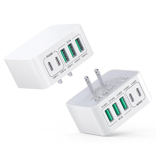 USB C Charger Block Thin Flat 50W 5-Port Wall Charger 2-Pack Type C Fast Charger Cube, PD&QC Wall Plug Power Adapter Compatible for iPhone 14/15/16/17, iPad, Airpods, iwatch, Samsung