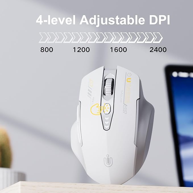 Uineer Wireless Mouse,[Upgraded] Rechargeable 2.4GHz (Battery Level Visible) Ergonomic Computer Mouse,4 Levels DPI, Wireless Mice for Laptop PC Computer(Grey and White)