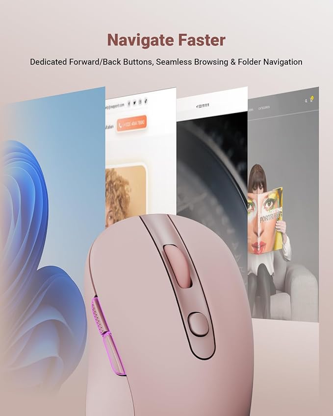 USB Wireless Mouse for Laptop PC Mac, 2.4GHz Cordless Mouse with 6 Buttons, 5-Level Adjustable 4000 DPI, Ergonomic Portable Optical Computer Mice, 24-Month Battery Life-Pink