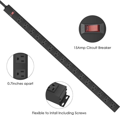 HHSOET Metal Wall Mount Power Strip, Mountable Power Outlet, Aluminum Alloy Mount Power Socket with Switch, 10 FT SJT 3/C 14AWG Power Cord, 15A 125V 1875W (16 Outlet) Black
