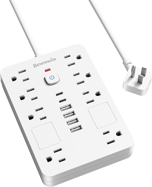 Surge Protector Power Strip - 8 Outlets(1850W/15A) with 6 USB Ports（2 USB C, 10FT Flat Plug Extension Cord, Wall Mount Multi Plug Outlet Extender, ETL Listed for Home, Dorm Room, White