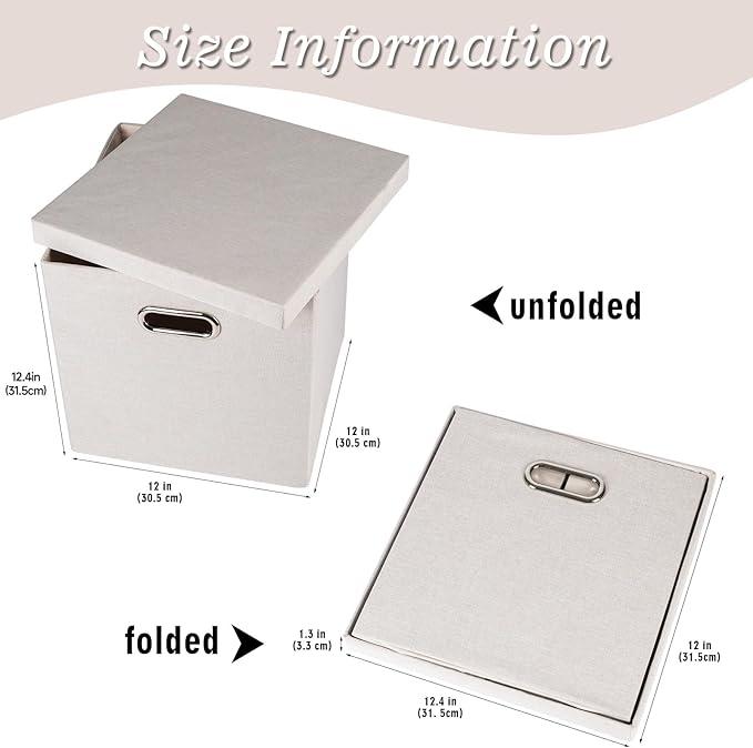 Storage Bins with Lids, Collapsible Linen Fabric Boxes Organizer Containers with Lid Foldable Storage Box Basket for Closet, Shelves, Home, Office, 12 x 12 x 12.4 Inch, 4 Pack, Beige