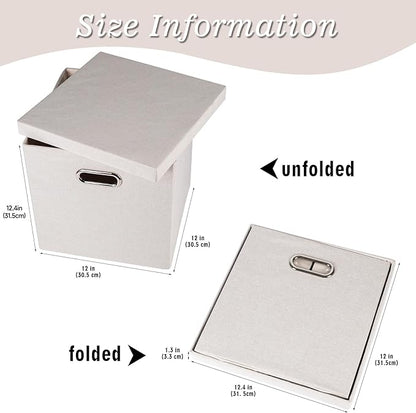 Storage Bins with Lids, Collapsible Linen Fabric Boxes Organizer Containers with Lid Foldable Storage Box Basket for Closet, Shelves, Home, Office, 12 x 12 x 12.4 Inch, 4 Pack, Beige