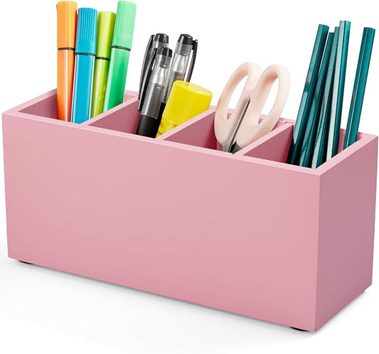 Bivvclaz Pencil Pen Holder for Desk, Wooden Office Desk Organizers and Accessories with 4 Slots for Countertop, Makeup Brush Holder Organizer for Bathroom Vanity, Silverware Caddy for Party, Pink
