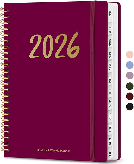 2026 Planner - Weekly and Monthly Planner, January 2026 to December 2026, Spiral Bound 2026 Calendar Planner Book, Inner Pocket, Perfect for Office Home School Supplies - A5 (6.3" x 8.5"), Crabberry Red