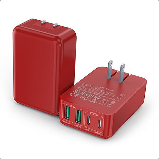 [2-Pack] Flat USB C Wall Charger,40W Fast USB C Charger Block,4-Port PD Power Adapter +QC Wall Plug Multiport Type C Charging Block Cube Compatible with iPhone 17 16 15 14 13 12 Pro Max XR XS 8 7(Red)