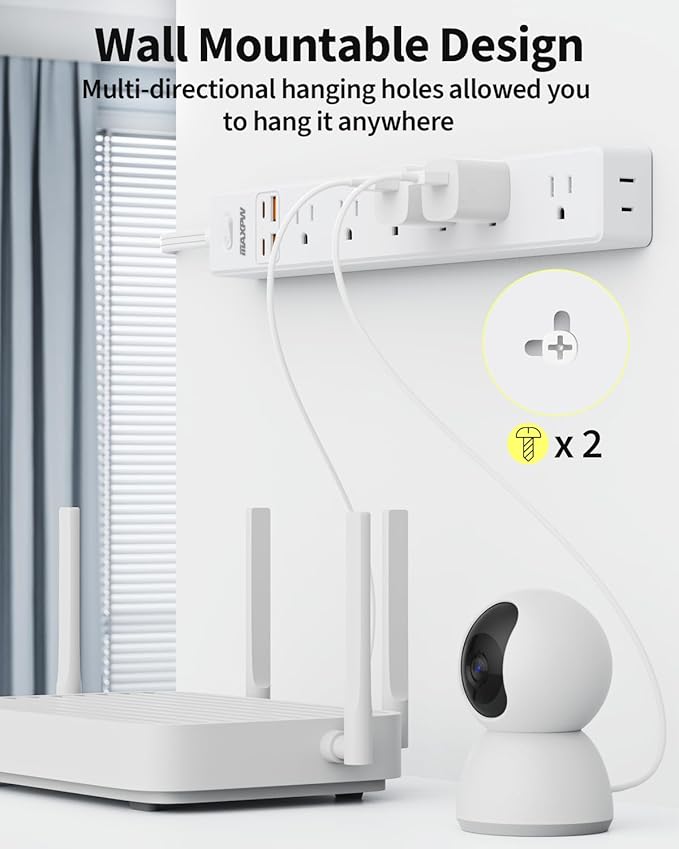 10 Ft Power Strip Surge Protector - 7 Outlets 4 USB Ports (2 USB C), Ultra Thin Flat Extension Cord & Flat Plug, 1700 Joules, Wall Mount, Desk Charging Station for Home Office Dorm, White