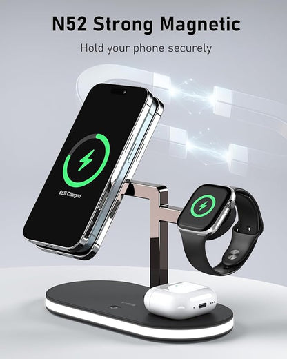 VBA 4 in 1 Wireless Charging Station for Apple MagSafe Charger,Fast Charging Magnetic Wireless Charger Stand with Night Light for iPhone 17 Air 16 15 14 13 12 Series,Apple Watch,AirPods Pro (Black)