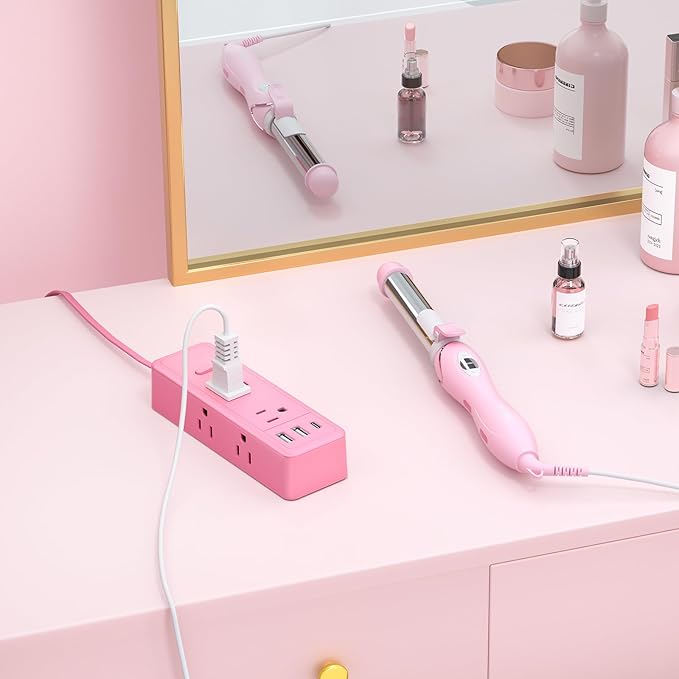 NTONPOWER Pink Extension Cord 5 ft, 1080 Joules Surge Protector Power Strip, Flat Plug Extension Cord with 6 Widely Outlets 3 USB (1 USB C), Power Strip Long Cord for Home Office Dorm Room Essentials