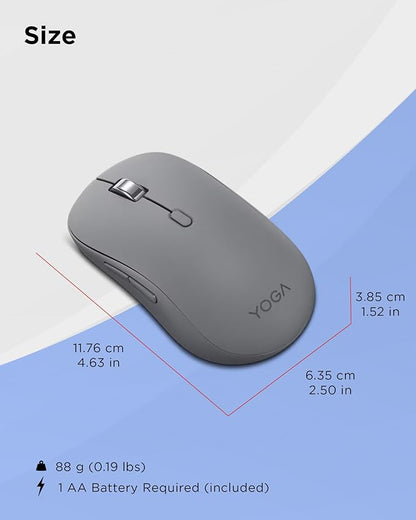Lenovo Yoga Bluetooth Silent Mouse, 3 Level DPI Adjustment, 36 Month Battery Life, Bluetooth 5.3, 3 Device Paring, Whisper Quiet, Programmable Buttons, Smooth Finish, Luna Grey