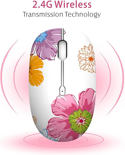 TENMOS M101 Wireless Mouse Cute Silent Computer Mice with USB Receiver, 2.4G Optical Wireless Travel Mouse 1600 DPI for Laptop, Notebook, PC, Computer (Flower)