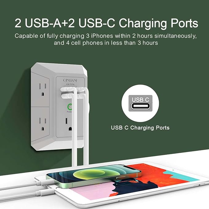 USB Wall Charger, Surge Protector, QINLIANF 5 Outlet Extender with 4 USB Charging Ports (4.8A Total) 3-Sided 1680J Power Strip Multi Plug Outlets Wall Adapter Spaced for Home Travel Office(2U2C),Grey