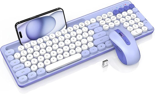 Wireless Keyboard and Mouse Combo, Retro Round Keycaps, Cute Full-Size Typewriter Keyboard with Phone Holder, Sleep Mode, Click Soft, 2.4GHz Cordless Connection for Windows/PC/Laptop