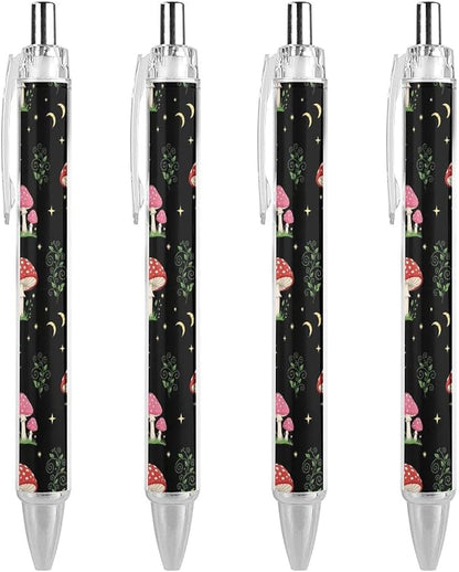 Quick Dry Black Ink Ballpoint Pens 4 Pcs, Frog Mushroom Retractable Pens 0.5mm Study Office Supplies for Men Women