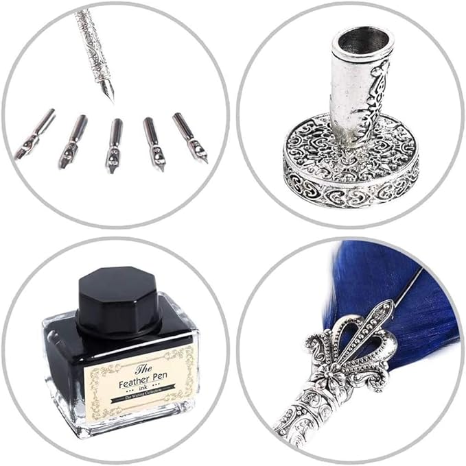 Quill Feather Pen and Ink Set,Calligraphy Set,Calligraphy Kits Include Antique Quill Feather Pen,6 Nibs,1 Bottles Inks,Pen Holder for Beginners Birthday Gift (Sky Blue)