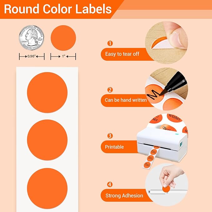 1 Inch Circle Dot Stickers 1000 PCS Color Coding Thermal Labels Dots Writable Printable Small Round Stickers for Office, Classroom, Inventory, Garage, Organizing Storage, DIY, Orange