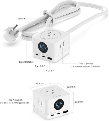MINIX 67W USB C Charger with 3 Outlets, Gan 3-Port Compact Cube Fast Power Strip Surge Protection, 5ft Extension Cord, for MacBook Pro/Air, iPhone 15/14/Pro, Galaxy S23/S22, for Dorm, Home & Office
