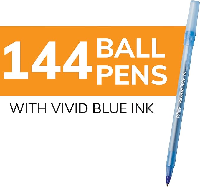 BIC Round Stic Xtra Life Blue Ballpoint Pens, Medium Point (1.0mm), 144-Count Pack of Bulk Pens, Flexible Round Barrel for Writing Comfort, No. 1 Selling Ballpoint Pens
