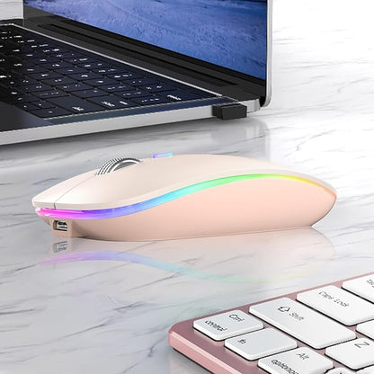 TENMOS Wireless Bluetooth Mouse, LED Slim (Bluetooth 5.1 + USB) 2.4GHz Rechargeable Silent Bluetooth Wireless Mouse with Type C Adapter for Laptop/MacBook/iPad OS 13 and Above - Light Pink