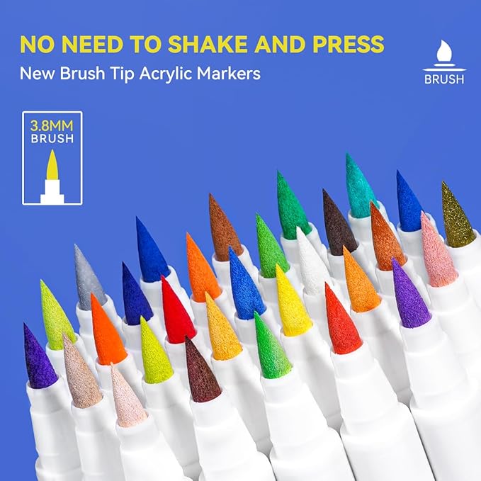 Arrtx Acrylic Paint Pens Basic Series 30B Colors,Brush Tip Acrylic Pens Markers for Rock Painting Wood Ceramic Glass Canvas Metal Plastic Fabric Stone and DIY Project