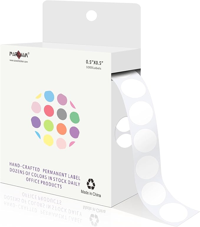 PARLAIM 1/2 Inch Circle Sticker Labels,1000 Stickers Round Color Coding Circle Dots Stickers,Roll Dot Stickers Label for Office Home Office (White)