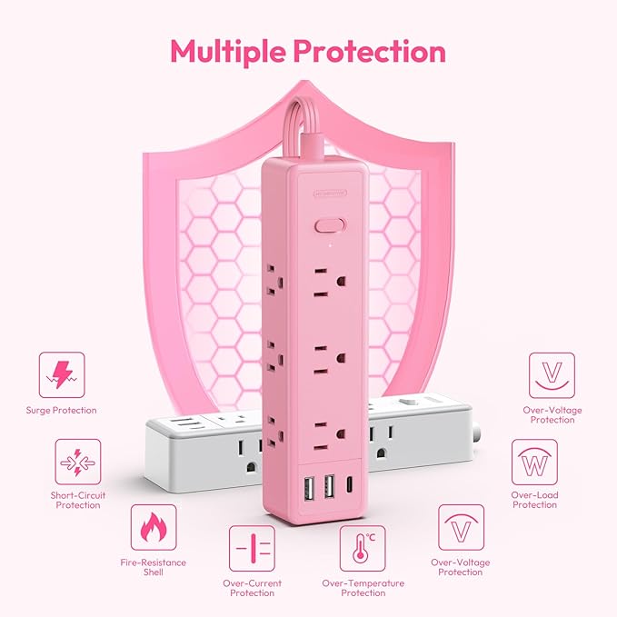 Pink Power Strip, NTONPOWER Surge Protector Power Strip, Cute Pink Extension Cord 5FT, 9 Outlets 3 USB (1 USB C), Mounted, 1080J, Multiple Outlets for Home Office, Kawaii, Desk Accessories, Women