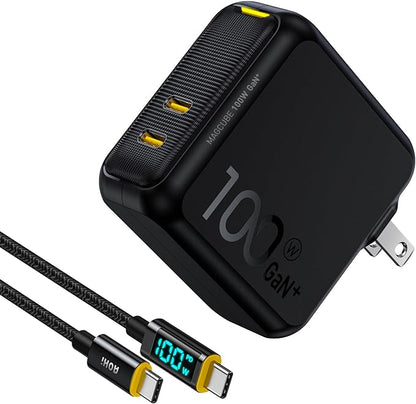 AOHI 100W USB C Charger GaN+, 2 Port Type C PD Wall Charger Foldable Power Adapter with 4ft USB C LED Display Cable for MacBook Pro/Air, iPad Pro, iPhone 15/14/13/12, Galaxy, Laptops, Black