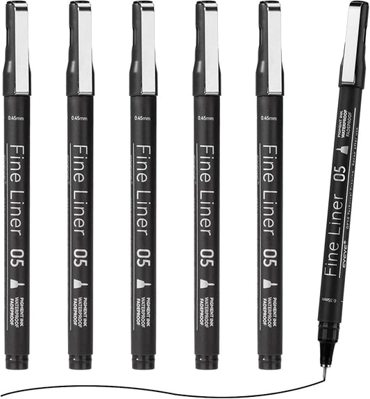 EYEYE Micro Pens, Black Drawing Art Pen,6 Pack 0.45mm Archival Pens Waterproof Ink Set Artist Supplies Archival Inking Markers Sketch Outline Pen, Precision Drawing and Sketching Kit