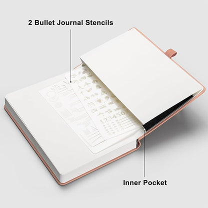 RETTACY Bullet Dotted Journal Notebook, 2-Pack, 160 Numbered Pages per Pack, A5 Medium Size (5.7'' x 8.3''), 120 GSM Thick Paper, Leather Hardcover, for Bullet Journaling (Black & Pink)