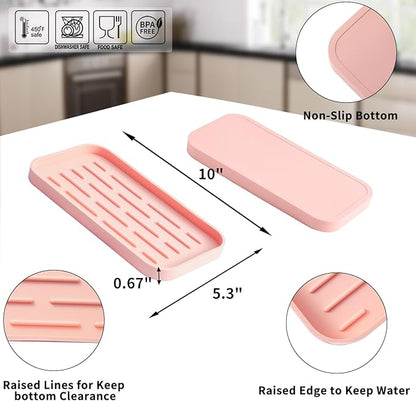 Silicone Kitchen Sink Organizer Tray for Multiple Usage,Easy Clean,Eco-Friendly Sponges Holder for Kitchen Bathroom Counter or Sink,Dish Soap Dispenser,Scrubber,Bottle,Cup Pink 10”x 5.3”