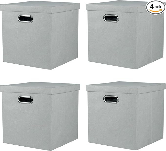 Storage Bins with Lids, Collapsible Linen Fabric Boxes Organizer Containers with Lid Foldable Storage Box Basket for Closet, Shelves, Home, Office, 12 x 12 x 12.4 Inch, 4 Pack, Gray