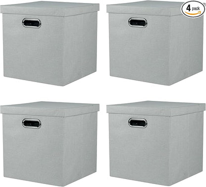 Storage Bins with Lids, Collapsible Linen Fabric Boxes Organizer Containers with Lid Foldable Storage Box Basket for Closet, Shelves, Home, Office, 12 x 12 x 12.4 Inch, 4 Pack, Gray