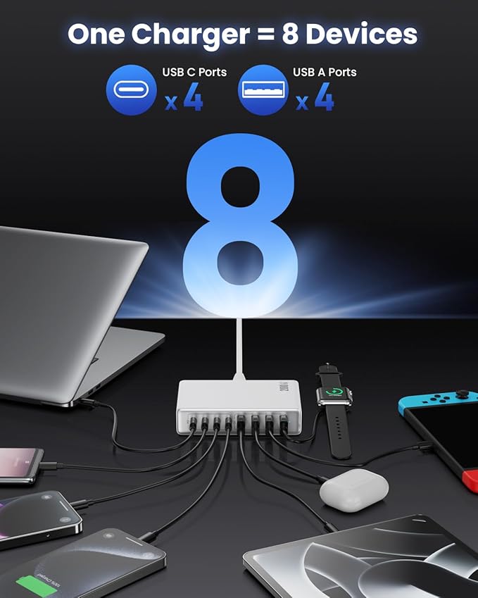 200W USB C Charger Block,GaN IV Charging Station 8 Ports,QC4.0 Fast Charging Station Hub+PD 65W USB C Laptop Charger Adapter Compatible with MacBook Air/Pro,DELL,iPhone 17/16/15,iPad,Steam Deck-White