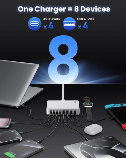 200W USB C Charger Block,GaN IV Charging Station 8 Ports,QC4.0 Fast Charging Station Hub+PD 65W USB C Laptop Charger Adapter Compatible with MacBook Air/Pro,DELL,iPhone 17/16/15,iPad,Steam Deck-White