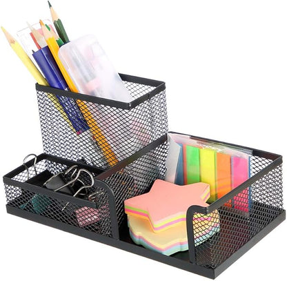 Pen Holder Mesh Metal Pencil Holder Desk Organizers Black for Desk Office with 3 Compartments Pencil Holders,Desktop Storage Caddy Organization,Suitable for School, Home,Black