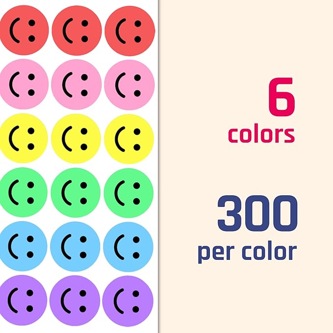 1800 Pieces, 1 inch - Smiling Happy Smile Face Stickers for Reward - 6 Colors