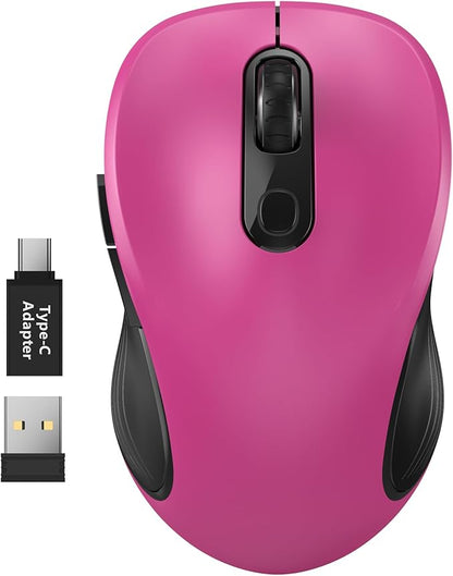 WisFox 2.4G Wireless Mouse for Laptop, Ergonomic Computer Mouse with USB Receiver and Type-C Adapter, 3 Adjustable Levels, 6 Button Cordless Wireless Mice for Windows Mac PC Notebook (Fuchsia)