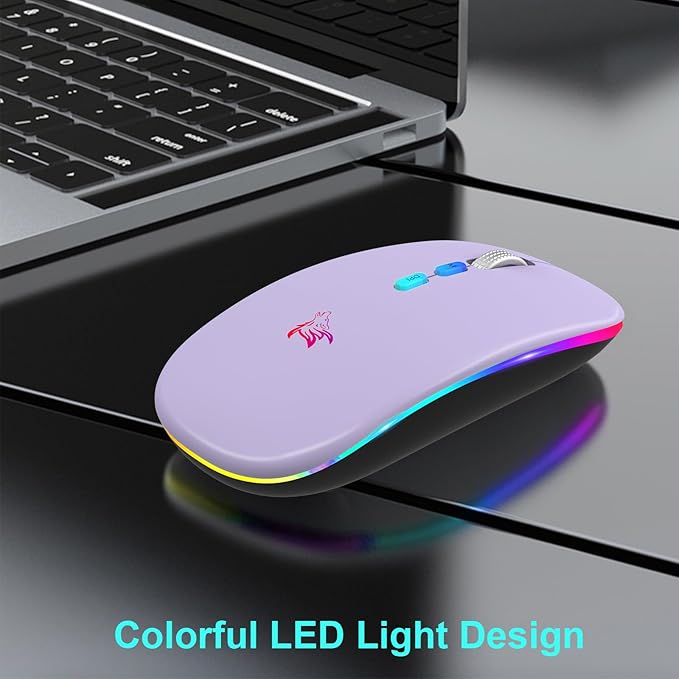 HOTLIFE Wireless Bluetooth Mouse, Slim Rechargeable LED Mouse, 2.4G Portable USB Optical Mouse with USB Receiver and Type C Adapter, Light Purple