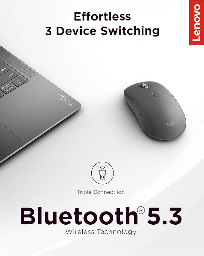 Lenovo Yoga Bluetooth Silent Mouse, 3 Level DPI Adjustment, 36 Month Battery Life, Bluetooth 5.3, 3 Device Paring, Whisper Quiet, Programmable Buttons, Smooth Finish, Luna Grey