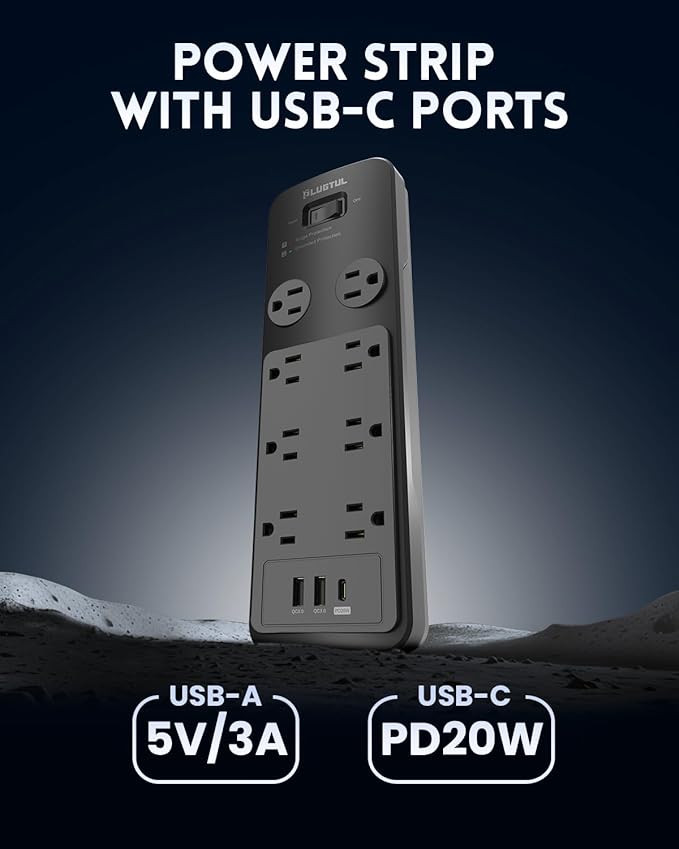 Surge Protector Power Strip 6FT, PLUGTUL Surge Protector with 8 Outlets - Spacious Design for Large Plugs, Flat Plug, 20W USB C Charging for Home, Office, ETL Listed, 2040J