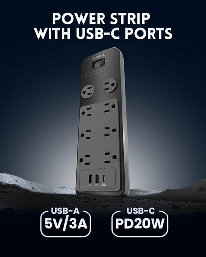 Surge Protector Power Strip 6FT, PLUGTUL Surge Protector with 8 Outlets - Spacious Design for Large Plugs, Flat Plug, 20W USB C Charging for Home, Office, ETL Listed, 2040J